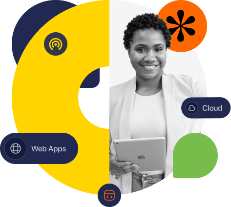 boy and girl near desktop, tablet and mobile